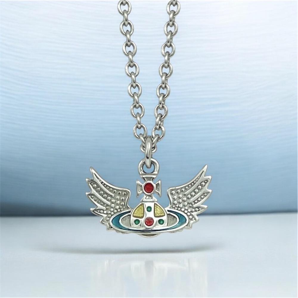VIVIENNE WESTWOOD Silver Multicolor Beth Orb Winged Saturn Ring Pendant Necklace